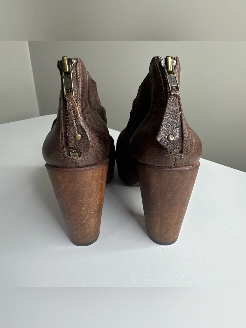 Trask Chocolate Brown Suede Leather‎ Ruched Wooden Block Heel Boho Ankle Booties